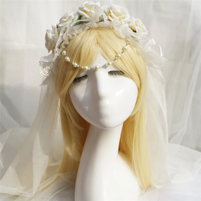 

hand made woman Lolita KC blue rose Headband lace bowknot pearl Hairpin cosplay Head accessory Free Shipping