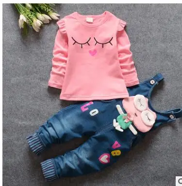 Милые комплекты из 2 предметов для маленьких девочек футболка+ комбинезон, милый костюм с героями мультфильмов детская одежда для маленьких девочек детская одежда, комбинезоны, боди - Цвет: Розовый