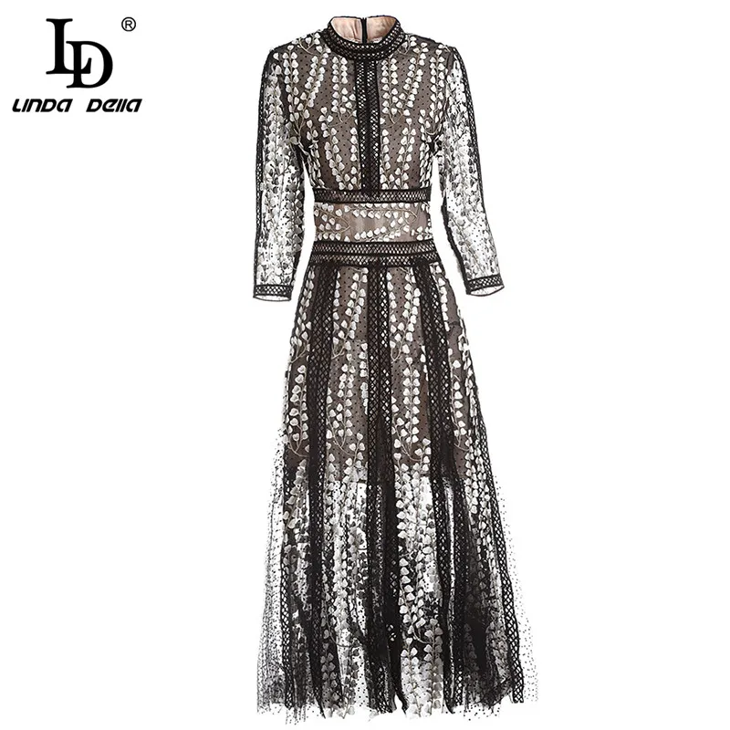 

LD LINDA DELLA 2019 Spring Fashion Runway Vintage Dress Women's 3/4 Sleeve Black Lace Hollow out Mesh Flower Embroidery Dress
