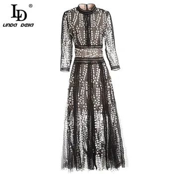 

LD LINDA DELLA 2020 Spring Fashion Runway Vintage Dress Women's 3/4 Sleeve Black Lace Hollow out Mesh Flower Embroidery Dress