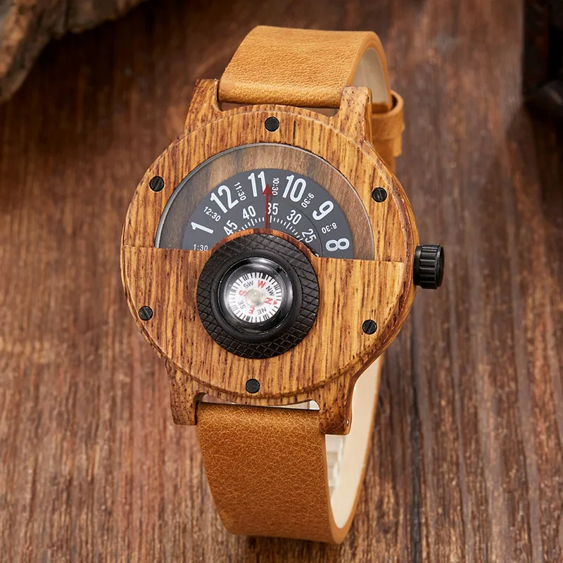 Креативные деревянные часы для мужчин, уникальный компас, поворотный стол, половинный циферблат, мужские часы, кожа, натуральное дерево, наручные часы, роскошные часы, Relogio