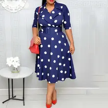Элегантные винтажные офисные женские африканские синие женские миди платья повседневные алиновые зубчатые лацканы узор в горошек женское модное платье