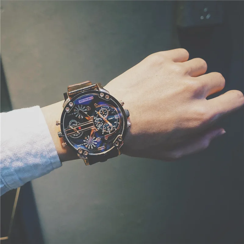 Billige Große Zifferblatt Blau Ray Dual Display Armee Mann Uhren Schwarz Braun Leder Band Stahl Shell Männer Männlichen Quarz Uhr Armbanduhren uhr