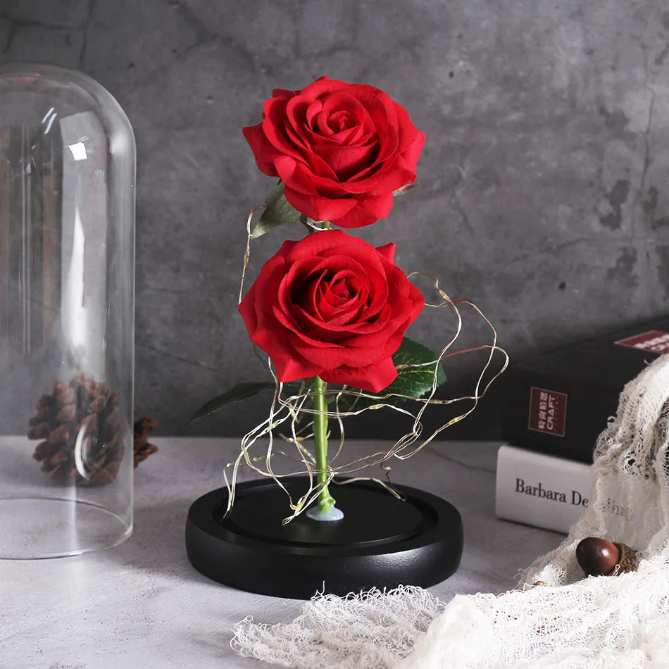 NEN, красивая и чудовищная Роза в колбе, светодиодный светильник с двумя розами, черная основа, стеклянный купол, лучший подарок на день Святого Валентина, рождественский подарок