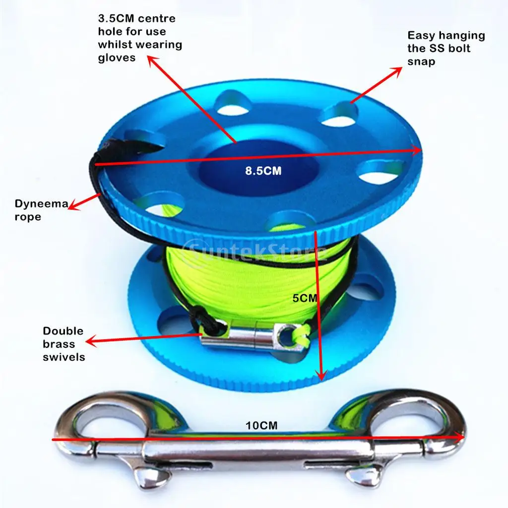 Scuba Diving Aluminum Alloy Finger Spool Guide Line Reel + 30m High Visibility Line & 10cm Stainless Steel Double End Bolt Snap