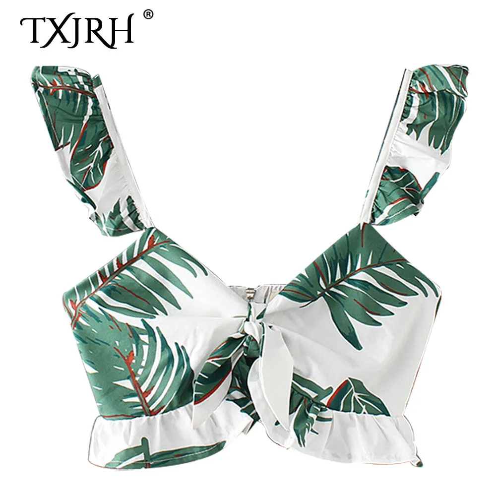 

TXJRH Sexy Green Plantain Holiday Chest Tied Bow Bra Bustier Camisetas Ruffles Hem Backless Fashion Women Short Camis Crop Tops