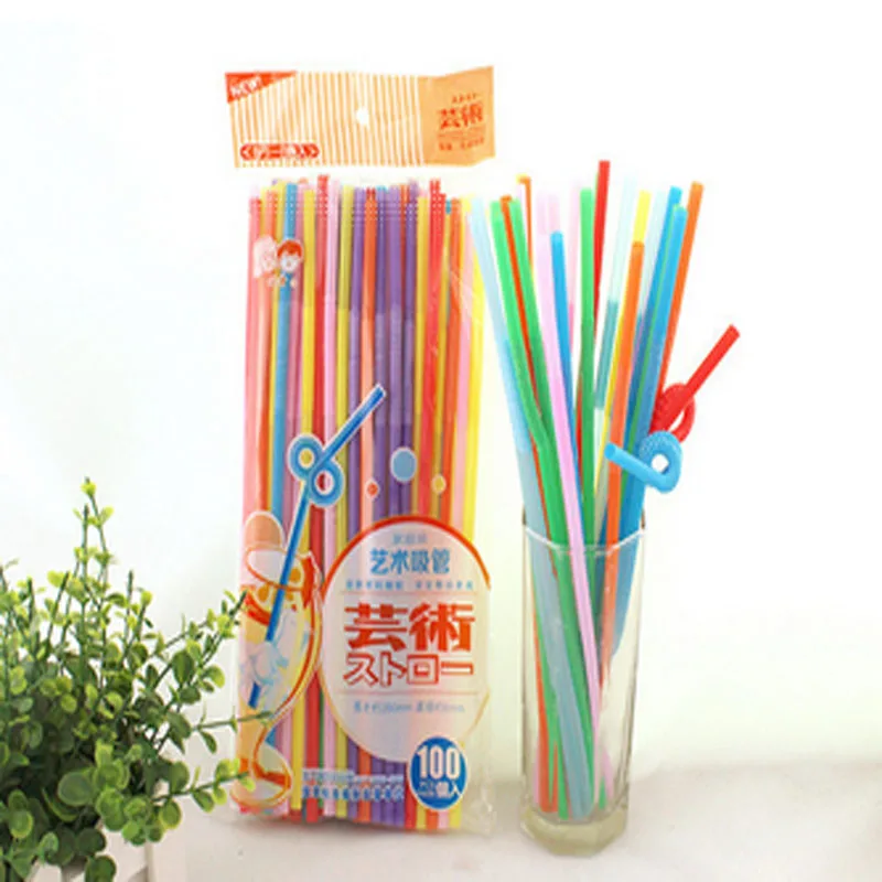 Fashion 100Pcs Extra Long Flexible Colorful Art Plastic Drinking Straws
