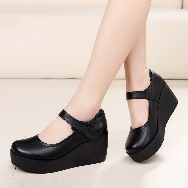 black leather wedges