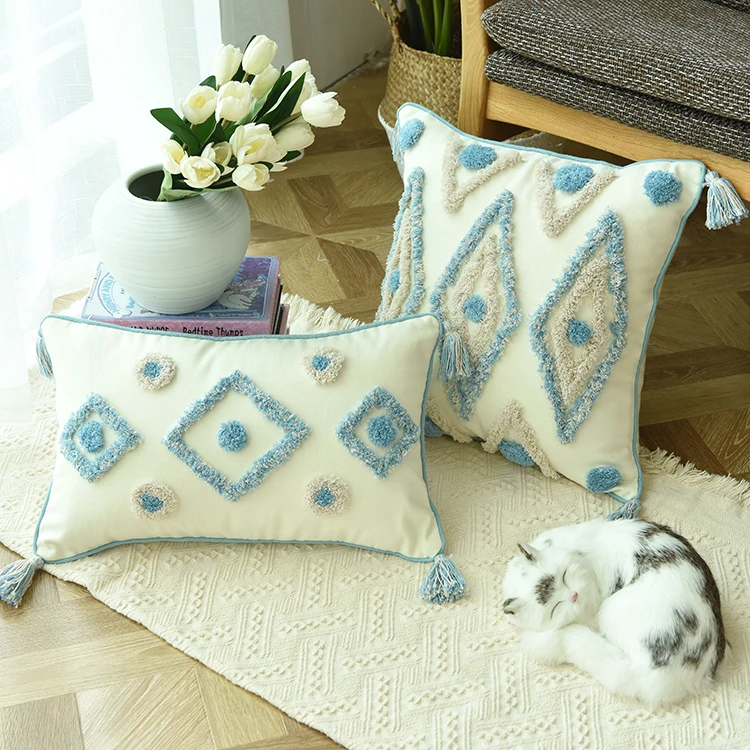 

Luxury Home Decor Handmade Embroidery Pillow Cover Blue Rhombus With Tassels Cushion Cover Decorative PillowCase Pillow Sham