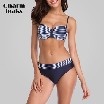 Charmleaks Women Bikini Set Retro Striped Bikini Floral Printed Swimwear Women Sexy Swimsuit blue random floral printed triangle bikini set