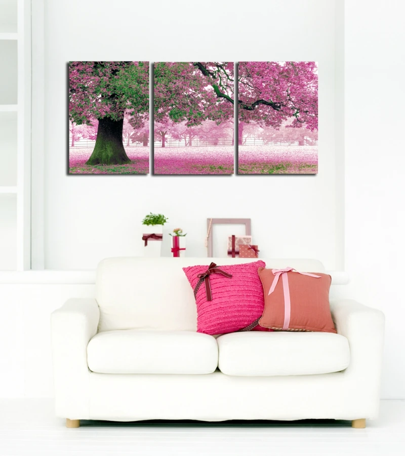 3 Panel Set Pohon Sakura Dengan Bunga Merah Muda Lukisan