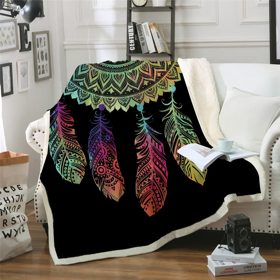 BeddingOutlet-Dreamcatcher-Sherpa-Throw-Blanket-Bohemian-Mandala-Sherpa-Fleece-Blanket-on-the-Bed-Sofa-Colorful-Plaid