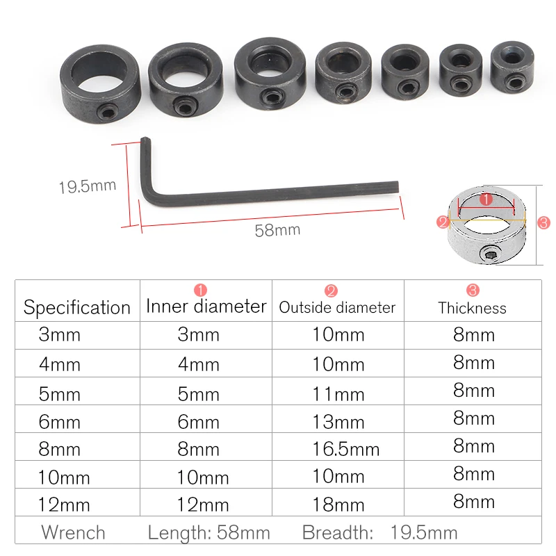 7 шт. 3/4/5/6/8/10/12 мм глубина сверла стопорное кольцо кольцо штифт шестигранный ключ комплект круглый Деревообработка винтом сверло