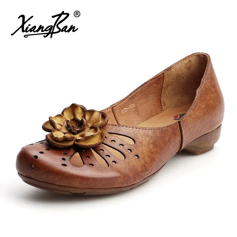 Xiangban Round Headed Low heeles Pumps Shallow Mouth Genuine Leather Female Shoes Hollow Out