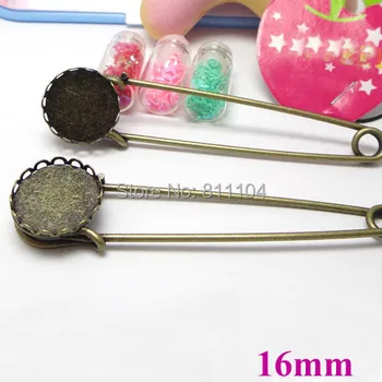 

16mm Antique Bronze Plated Blank Round Lace Bezel tray Cabochon Brooch Bases Pin Clip Safety-pin Brooches Settings Findings