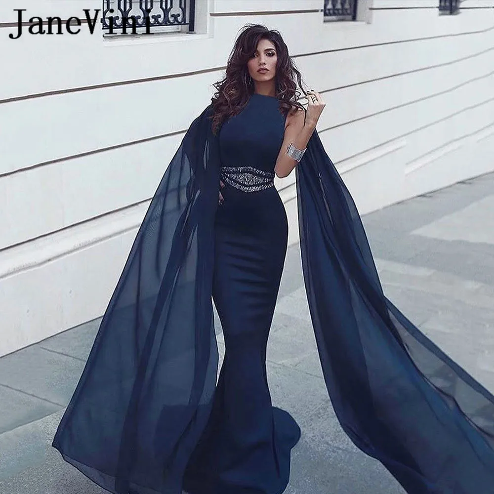 

JaneVini Saudi Arabia Navy Blue Evening Dress Party Long Cape Beaded Mermaid Arabic Evening Gown Plus Size vestidos compridos