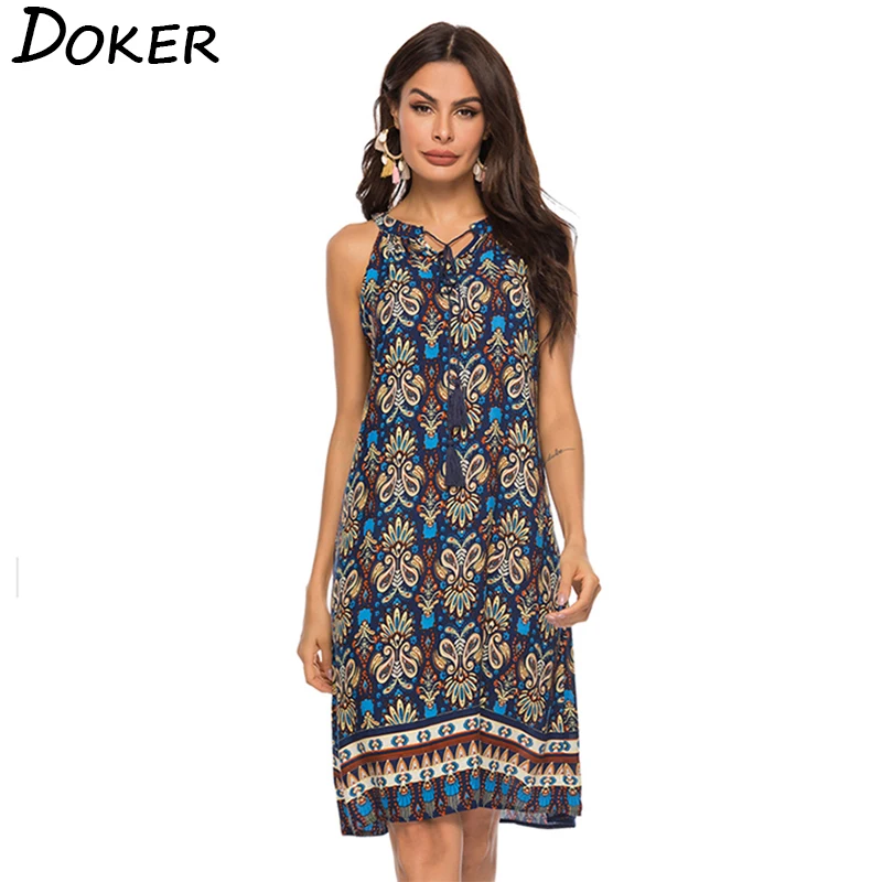 

2019 Summer New Boho Printed Beach Dress Women Halter Tank Knee-length Dress Female Off Shoulder Plus Size Loose Sundress