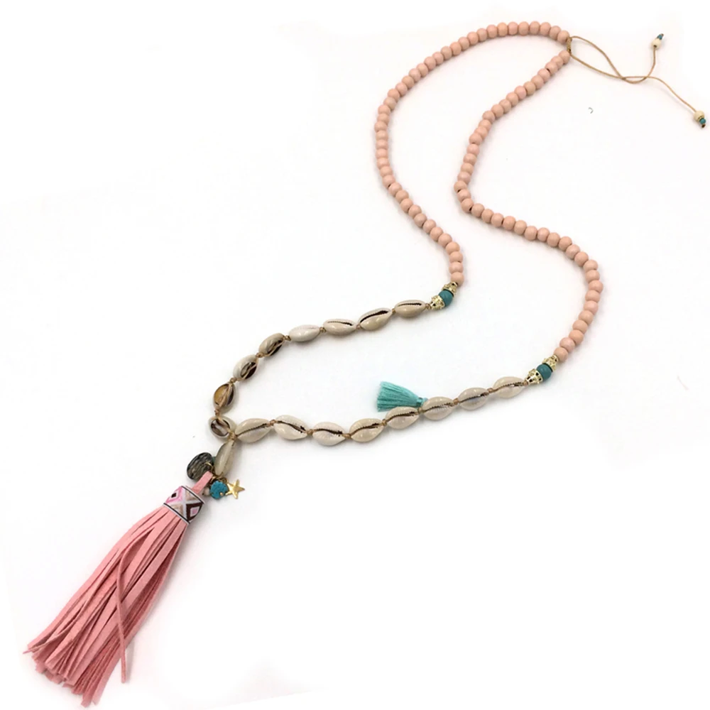 New Bohemian Boho Chic Necklace pink wooden Beaded Chain Ethnic Leather Tassel Pendant Necklace For Women