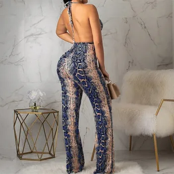 

Sexy Backless Spaghetti straps Straight Romper Women Print Snakeskin Party Bodysuits Summer Halter Beach Jumpsuit