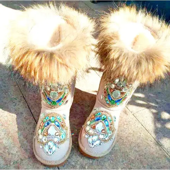 Популярные зимние женские теплые зимние сапоги с лисьим мехом женская обувь на плоской подошве без шнуровки женские повседневные сапоги до середины икры ботинки с украшением в виде кристаллов для девочек