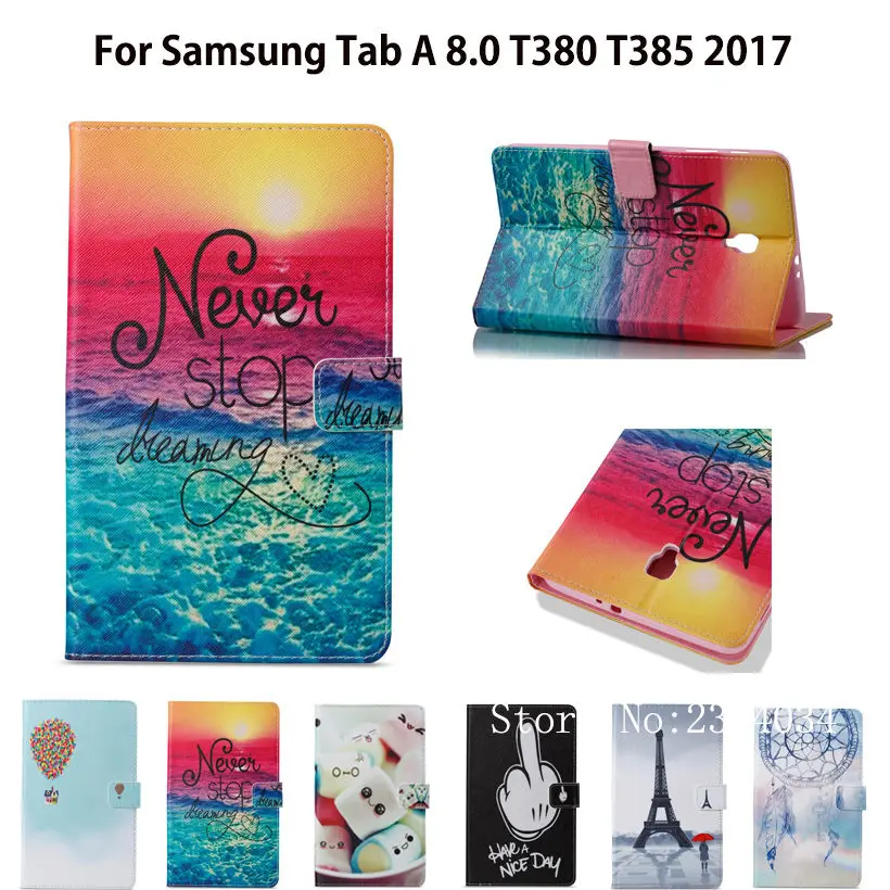 

Fashion Print Case For Samsung Galaxy Tab A 8.0 SM-T380 T385 2017 8.0 inch Smart Cover Funda Tablet PU Leather Shell+Film+Pen