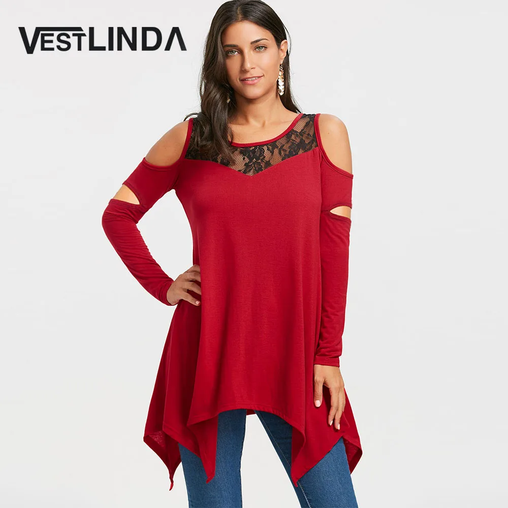  VESTLINDA Long Sleeve Cold Shoulder Handkerchief Tunic T-Shirt Ladies Tops Tees Spring Female Fashi