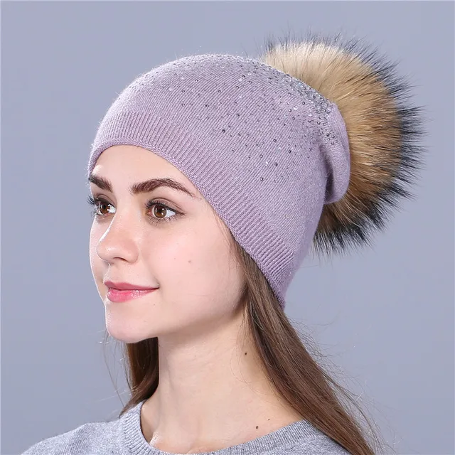 [Xthree] women winter beanie hat Rabbit fur wool knitted hat the female of the mink pom pom Shining Rhinestone hats for women