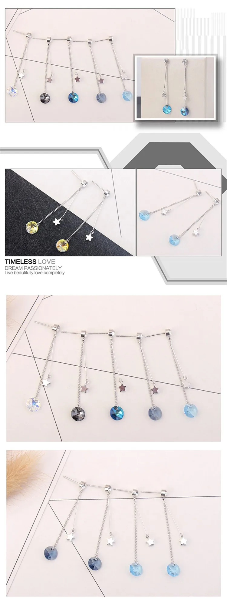Ms Betti 2018 cute long bar and Chain drop earring with round Rivoli stone and star charms 02