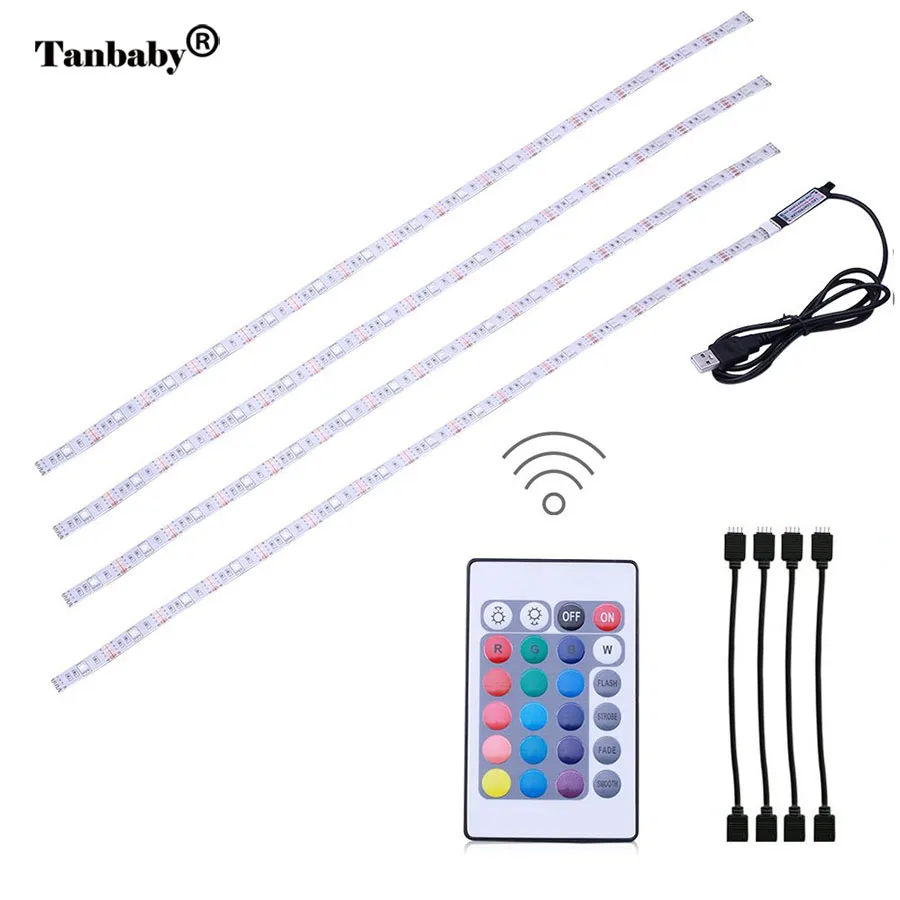 

Tanbaby 4 x 50cm USB RGB LED Light Strip Kit TV Backlight Flexible Waterproof rope with 24 Keys Remote Controller