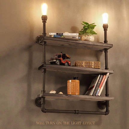 

Retro Loft Shelf Wood Wrought Iron Pipe Wall Lights Edison E27 110V/220V Wall Lamp Luminaria for Cafe Bar Home Decoration
