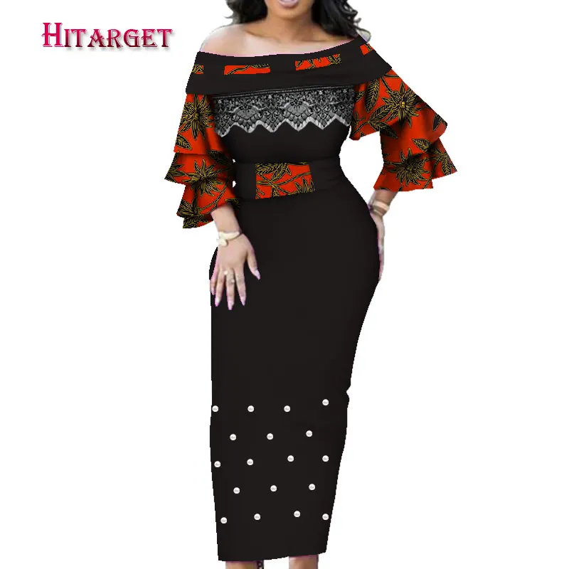 

Dashiki African Dresses for Women One Shoulder Wrap Dress with Petal Sleeve for Party/wedding African Women Dresses WY4035