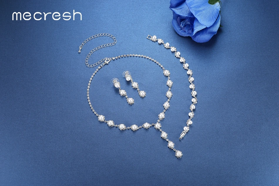 Mecresh, имитация жемчуга, Свадебные Ювелирные наборы для невесты, простой кристалл, свадебное ожерелье, серьги, браслеты, наборы для женщин, TL059+ SL077