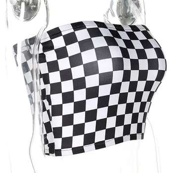 

Sexy Bandeau Black White Plaid Cropped Polyester Tube Top Women Fashion Strapless Checkboard Underwear