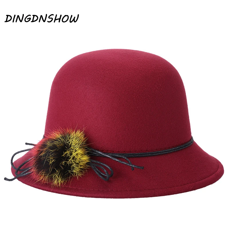 

[DINGDNSHOW] 2019 Fashion Fedora Hat Wool Bowler Derby Floppy Hats Bowknot Winter Cap Lady Felt Hat