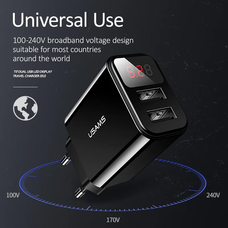 USAMS LED цифровое двойное USB зарядное устройство универсальное EU US вилка 2.1A быстрое