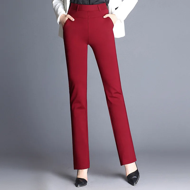 Женские прямые облегающие длинные брюки с высокой талией размера плюс с эластичной резинкой на талии, женские повседневные узкие брюки для весны и осени, размеры от M до 6XL - Цвет: Красный