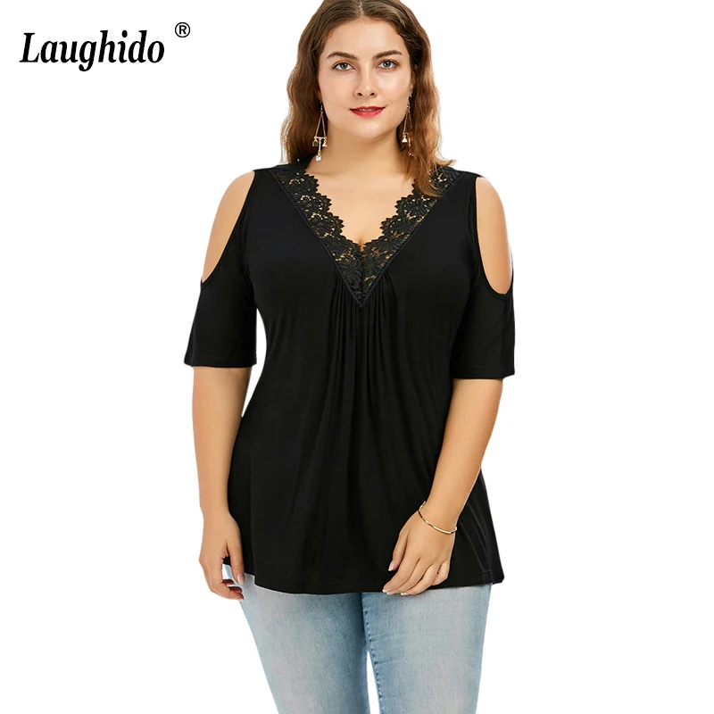 

Laughido Plus Size Lace V Neck T-Shirts Patchwork Off Shoulder Tops Summer Large Size Loose Short Sleeve Ruched Tee Shirt Women