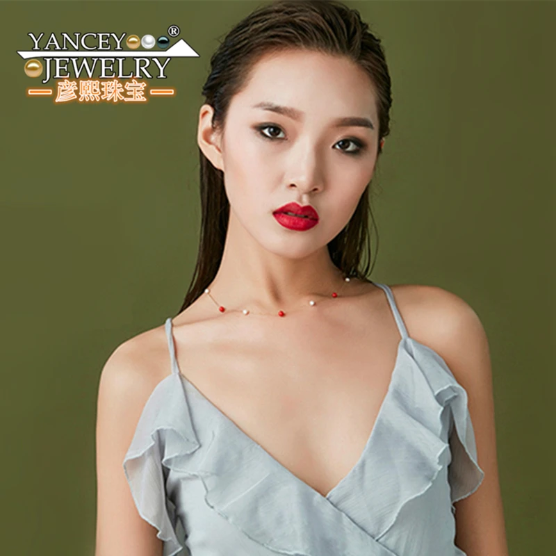 

Exclusive design - Round flawless white light freshwater pearl and Red Coral Stone Fine jewelry Necklaces S925 Silver Necklaces