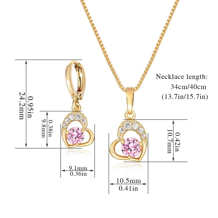 Cute Gold Color Love Heart with Pink or White CZ Drop Earrings Pendant Necklace Small Jewelry Sets for Women Children Girls Kids