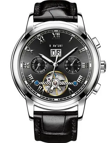 LIGE, мужские часы, Лидирующий бренд, Роскошные автоматические механические часы, мужские деловые полностью стальные водонепроницаемые спортивные наручные часы, Montre Homme - Цвет: Silver black leather