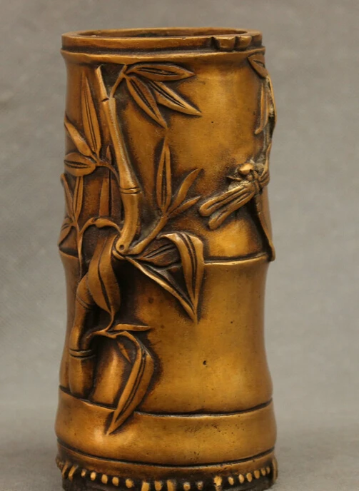 

JP S0608 Chinese Bronze Carved Dragonfly Bamboo Statue Cicada Pot Pencil Vase Brush Pot