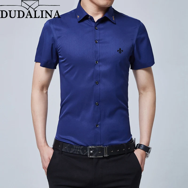 Dudalina мужские рубашки в стиле кэжуал с коротким рукавом облегающее платье рубашка плюс размер одежда Деловая одежда спандекс полиэфирное волокно