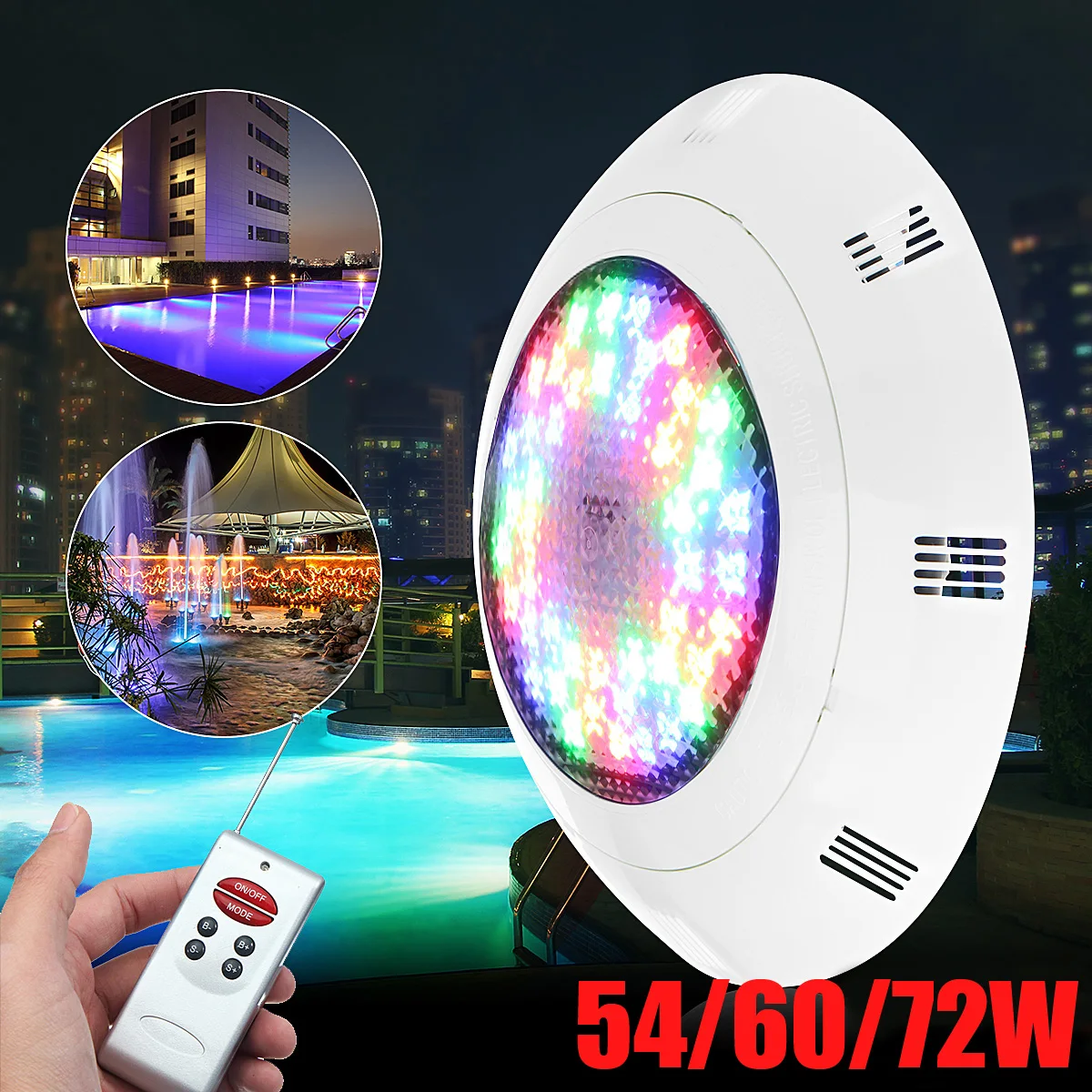 

54/60/72W Waterproof RGB LED Swimming Pool Underrwater LED Light IP68 12V 7 Color Wall Mounted Pond Lighting + Remote Control