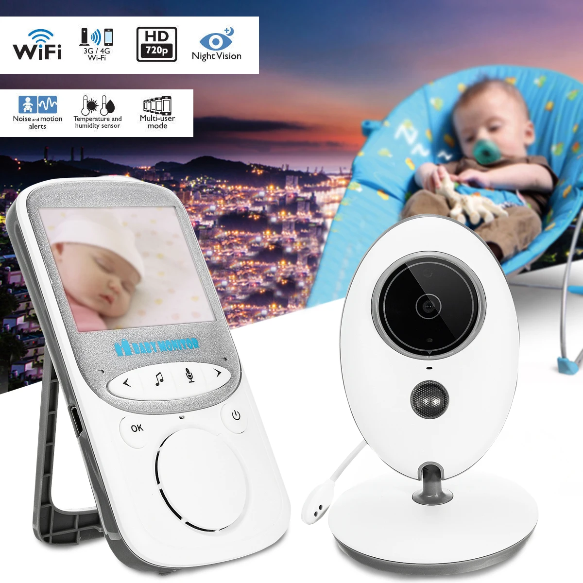 Beli Nirkabel Video Baby Monitor 2.4 Inch Warna Keamanan Kamera 2 Way Talk Night Vision IR LED Pemantauan Suhu dengan 8 lagu Pengantar Tidur