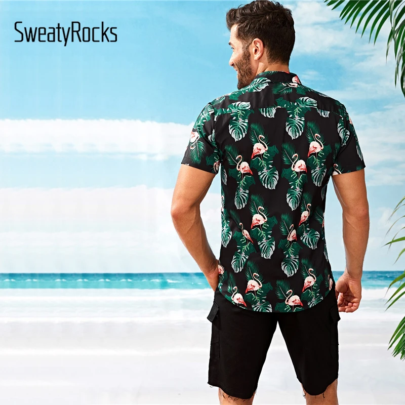 SweatyRocks Мужская рубашка с тропическим принтом и фламинго, праздничные рубашки с коротким рукавом в стиле бохо, летняя уличная одежда, топы, рубашки на пуговицах