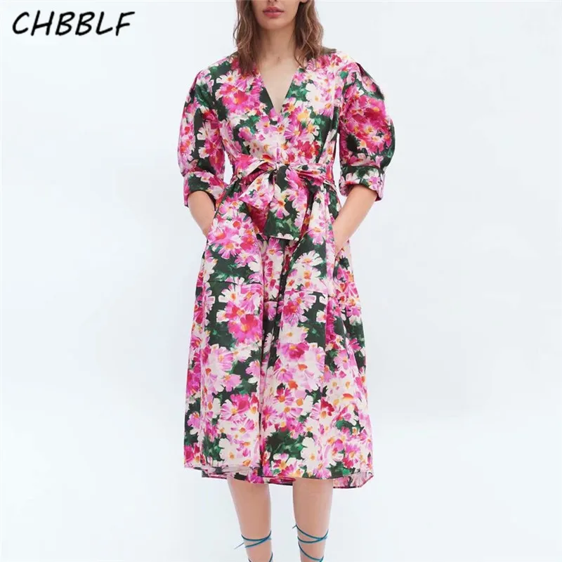 

CHBBLF Cross V neck floral print midi dress bow tie sashes long sleeve female pleated dresses vestido HJH2056