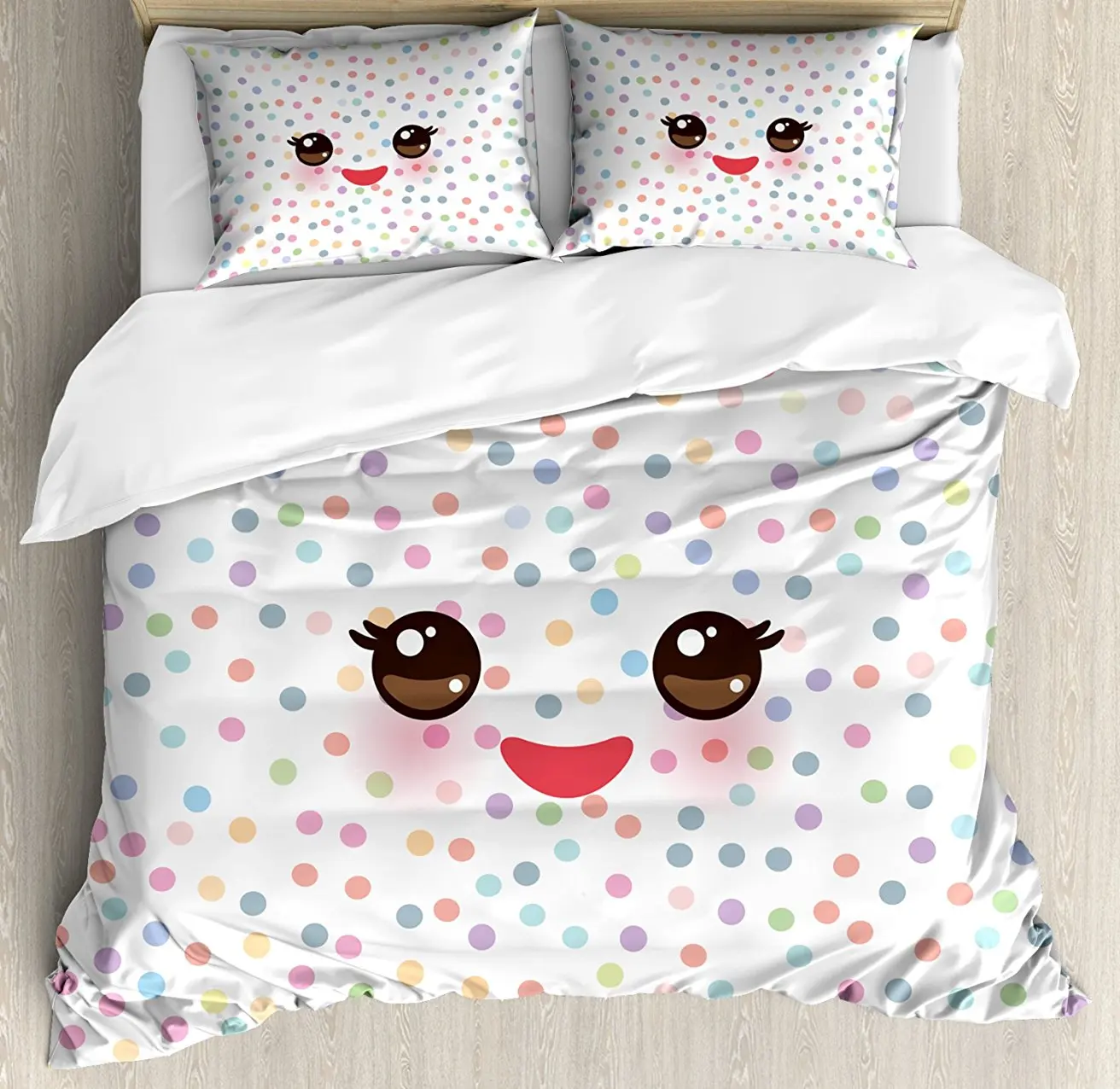 

Duvet Cover Set , Kawaii Funny Muzzle with Pink Cheeks and Cute Eyes on Colorful Polka Dots Backdrop, 4 Piece Bedding Set