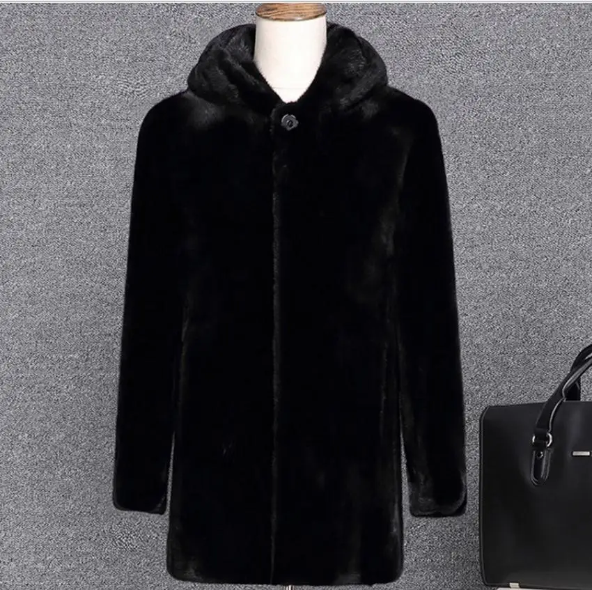 S/6Xl мужские Имитация искусственного меха норки пальто плюс размер мужские зима осень теплые черные поддельные меховые пальто Jaqueta Couro Cj103 - Цвет: black hooded