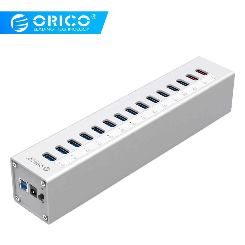 ORICO A3H13P2 Алюминий 13 Порты USB3.0 концентратор с 2 зарядки Порты 5V2. 4A супер Зарядное устройство/5V1A Универсальный-серебро