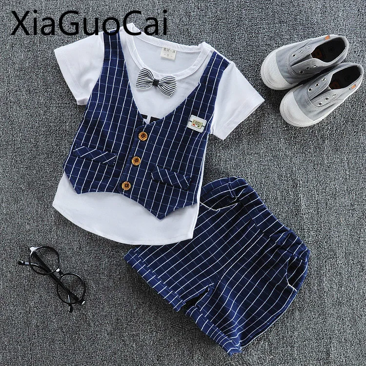 

New Summer Casual O-neck Baby Bow Tie Boys Vest Short-sleeved Shorts Two Children's Suits Kids Clothes Sets